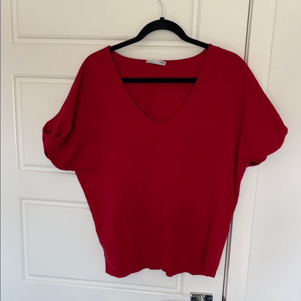 Red Women's V-Neck Short Sleeve Top